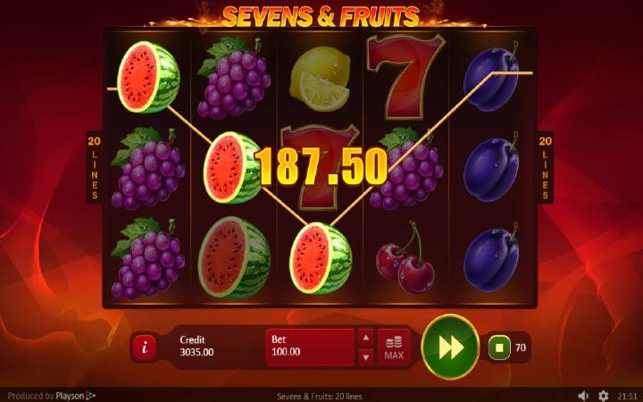 Online Casino Bonus, Klasičan Slot, Sevens and Fruits: 20 lines