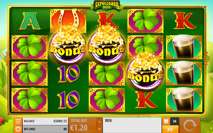 Leprechaun Hills slot-tri scatter simbola u kolonama, tabla za igru
