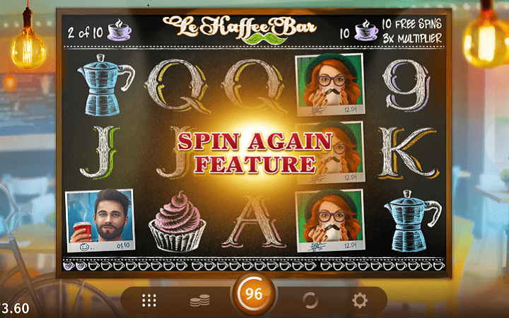 Spin Again funkcija -
Slot Le Kaffee Bar -
Pokretanje bonus funkcije pojavljivanjem tri simbola linkova